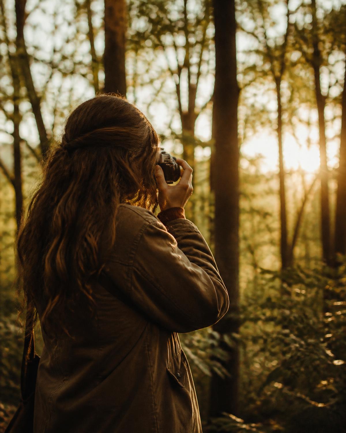 Tricia Caporale of WildHeart Photography photographing in a sunlit Appalachian forest, seen from behind with a camera raised